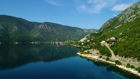 Aerial View of the Mountain Roads Near Kotor Bay and Villages Along the Coast