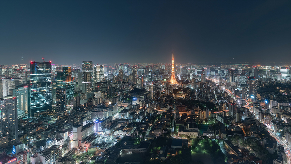 Tokyo, Japan, Timelapse  - Tokyo's skyline from at night from the Mori Museum Wide Angle