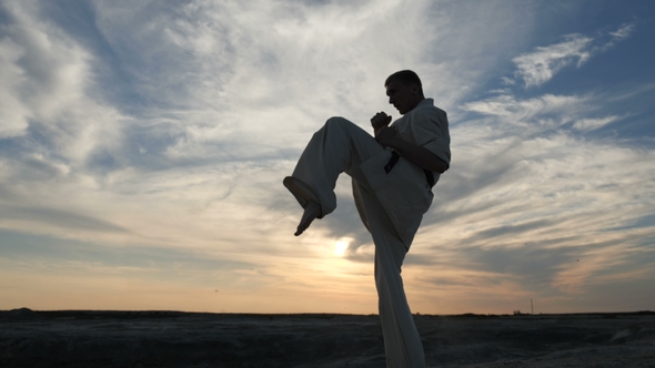 Silhouette of an Athlete in a Kimono Actively Training Against the Sky alt