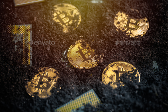 Mining Golden Bitcoins - Stock Photo - Images
