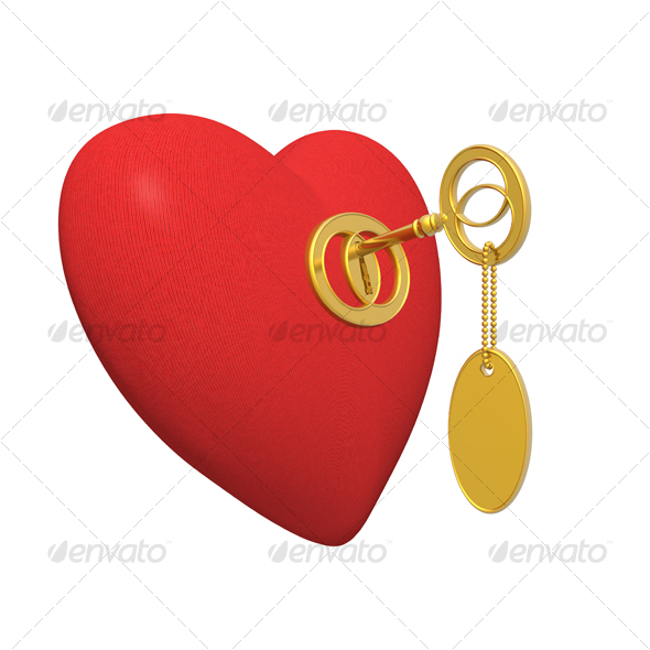 red heart and golden key - Objects 3D Renders