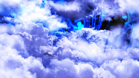 Flying Through Abstract Blue and White Clouds with Mysterious Planet on Background
