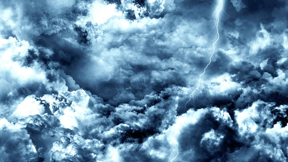 Flying Through Abstract Dark Night Thunder Clouds with Lightning Strikes