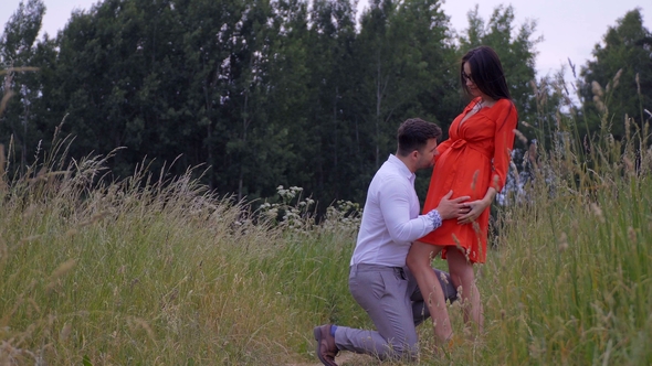 Beautiful Couple Man and Pregnant Woman with Long Hair in a Red Dress