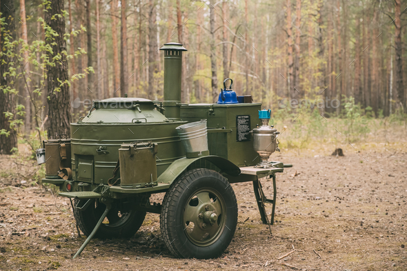 Russian Soviet World War Ii Field Kitchen In Forest. WWII Equipm - Stock Photo - Images