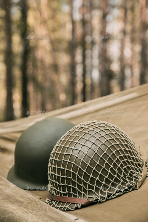Metal Helmet Of United States Army Infantry Soldier At World War Stock Photo by Grigory_bruev