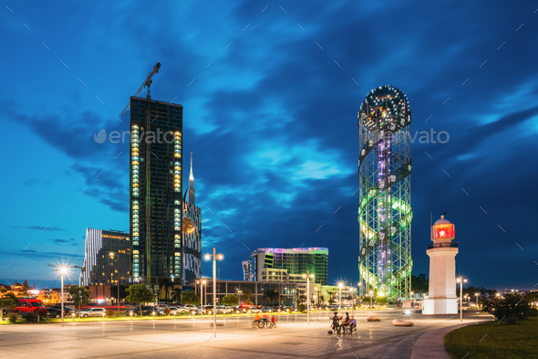 Batumi, Adjara, Georgia. Under Construction Skyscraper, Illumina - Stock Photo - Images