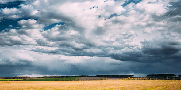 Countryside Rural Field Spring Meadow Landscape Under Scenic Dra - Stock Photo - Images