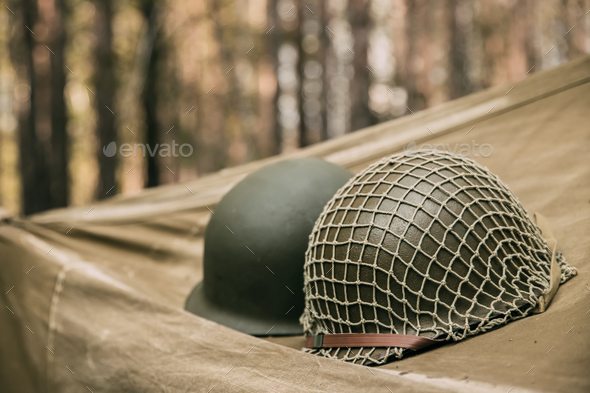 Metal Helmet Of United States Army Infantry Soldier At World War Stock Photo by Grigory_bruev