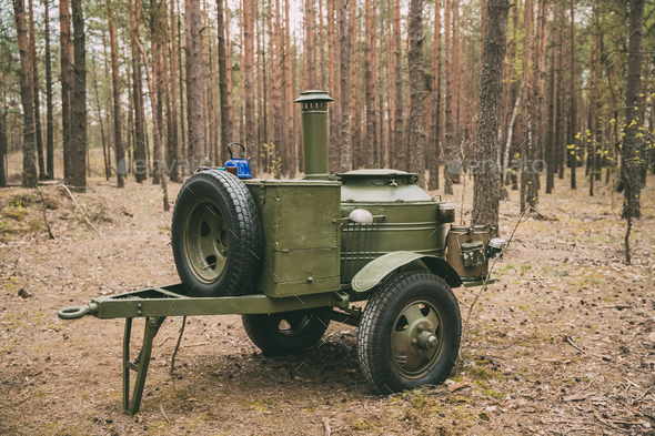 Russian Soviet World War Ii Field Kitchen In Forest. WWII Equipm - Stock Photo - Images
