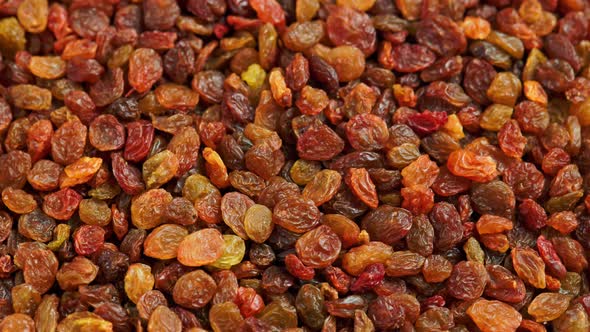 Looped Spinning Full Frame Background of Yellow and Brown Raisins Pile alt