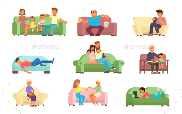 People on Sofa Vector Flat Style Illustration - People Characters