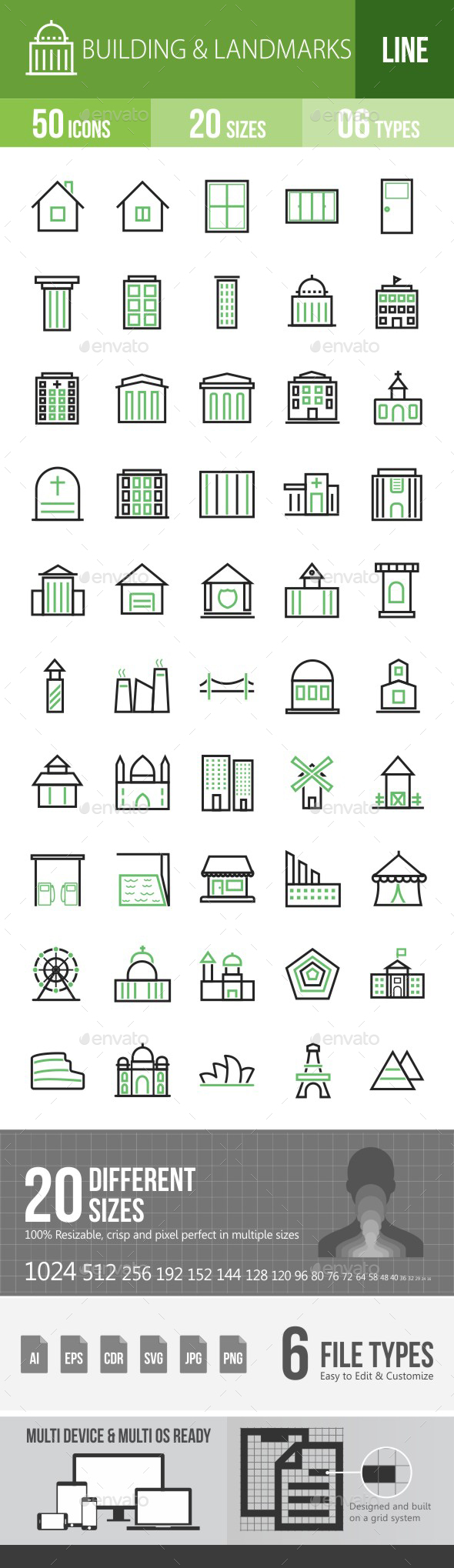 Buildings & Landmarks Green & Black Icons - Icons