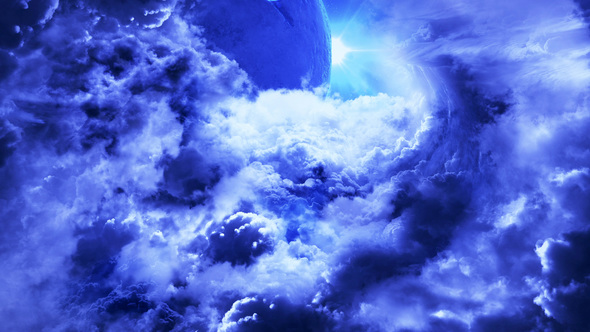 Flying Through Abstract Blue Clouds to Mysterious Planet with Star Shine on Background