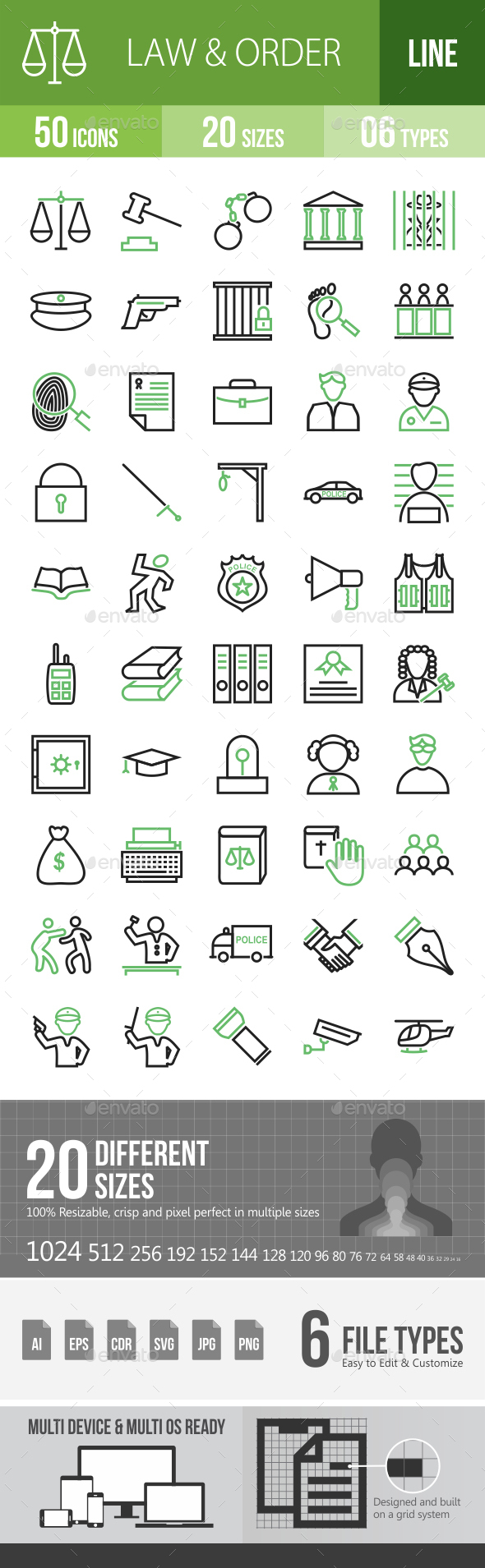 50 Law & Order Green & Black Line Icons - Icons