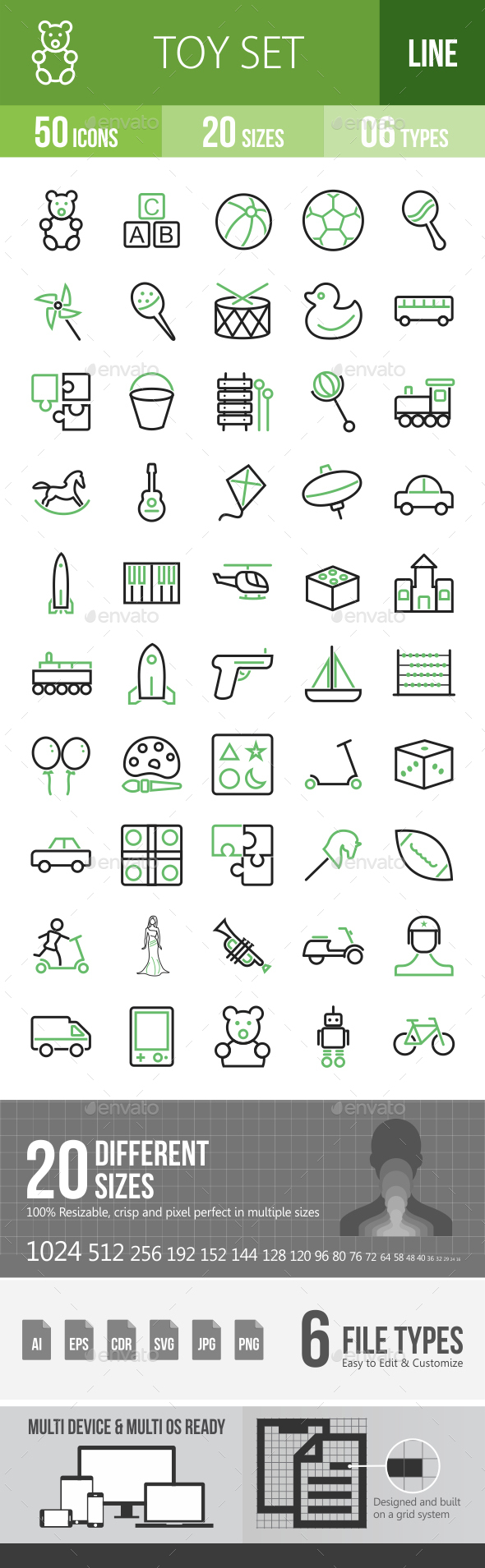 50 Toy Set Green & Black Line Icons - Icons