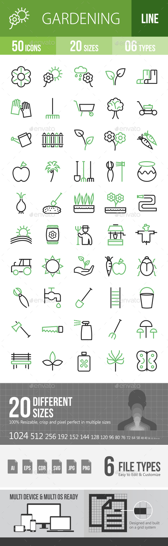 50 Gardening Green & Black Line Icons - Icons
