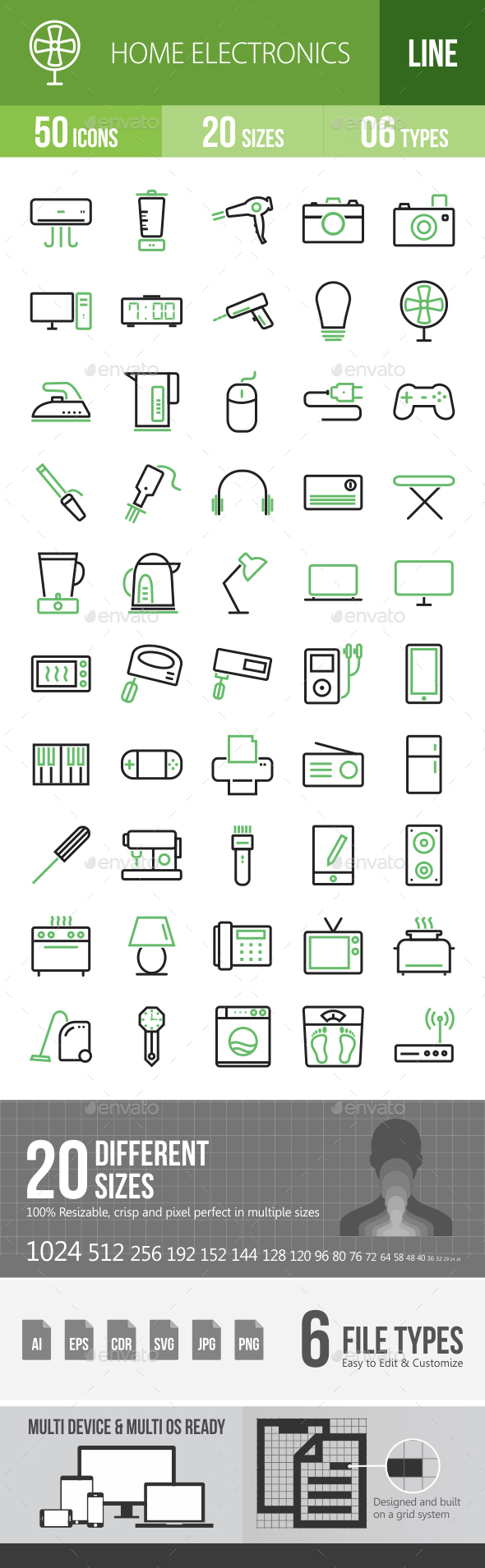 50 Home Electronics Green & Black Line Icons - Icons