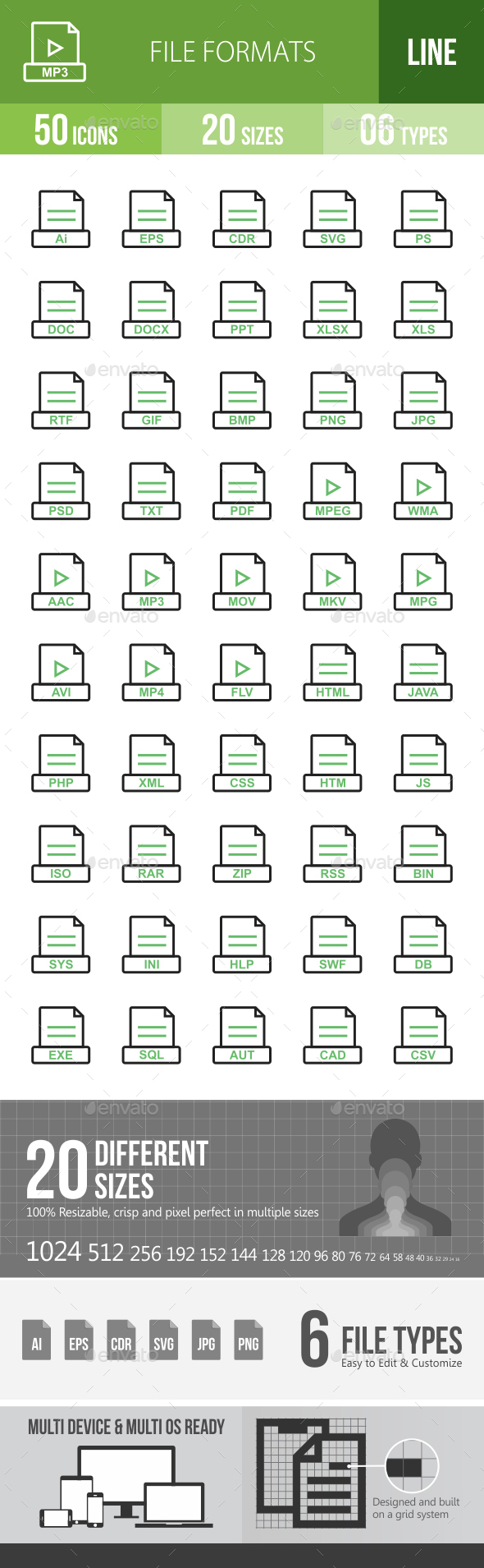 50 File Formats Green & Black Line Icons - Icons