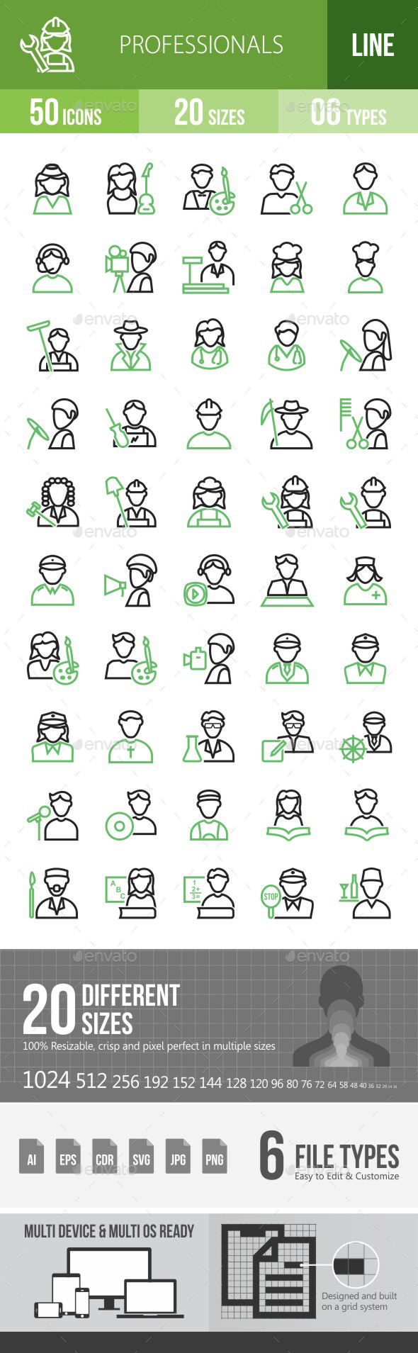 50 Professionals Green & Black Line Icons - Icons