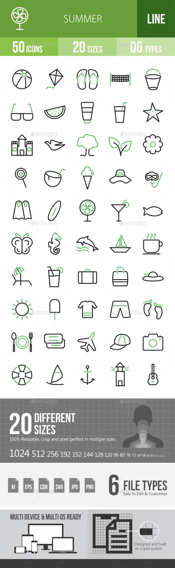 50 Summer Green & Black Line Icons - Icons