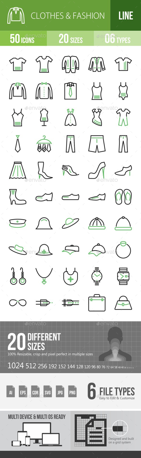 50 Clothes & Fashion Green & Black Line Icons - Icons
