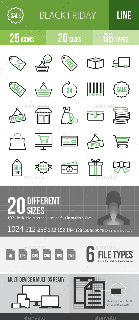 25 Black Friday Green & Black Line Icons - Icons