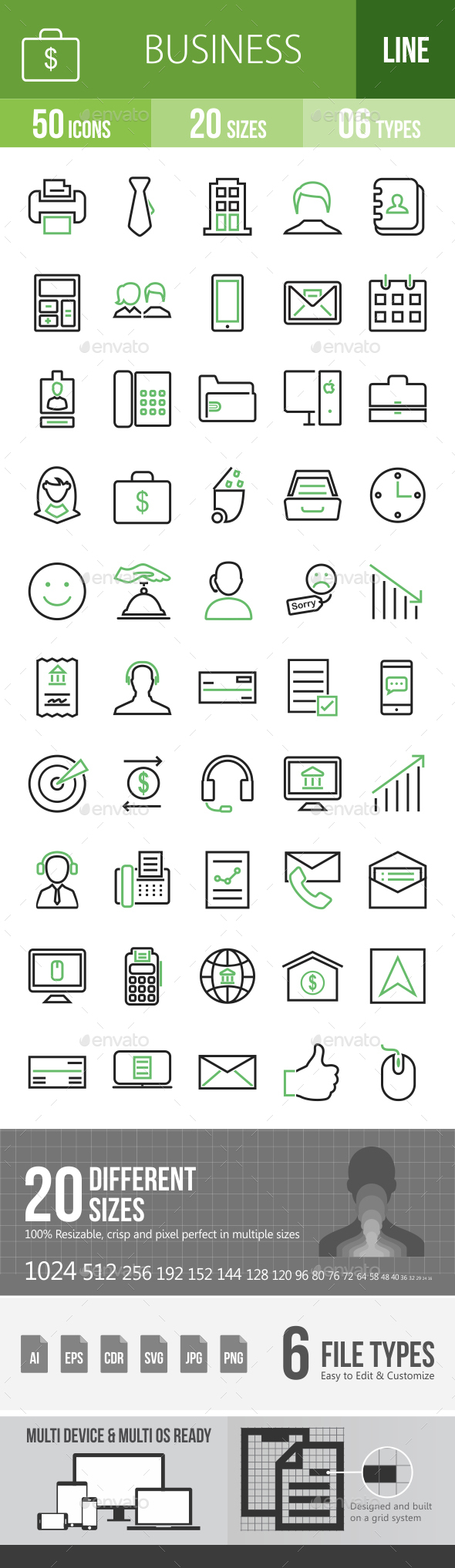 50 Business & Finance Green & Black Line Icons - Icons