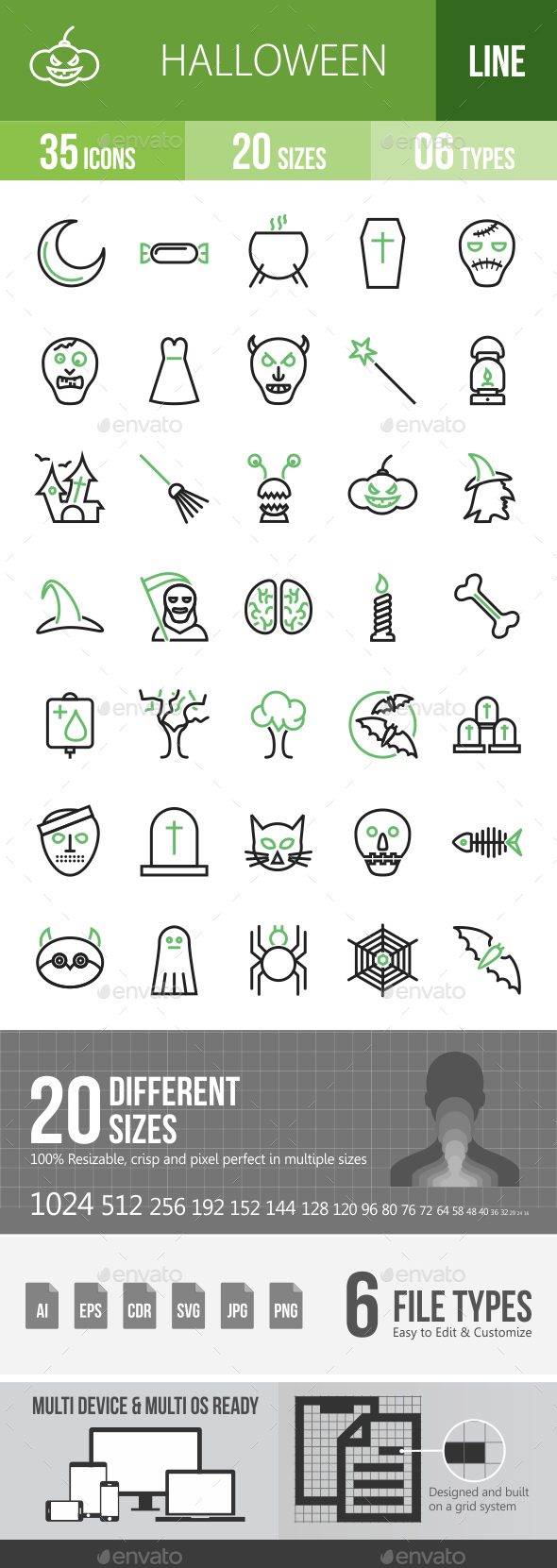 35 Halloween Green & Black Line Icons - Icons
