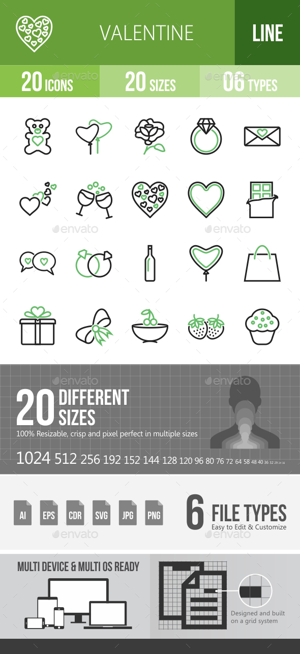 20 Valentine Green & Black Line Icons - Icons