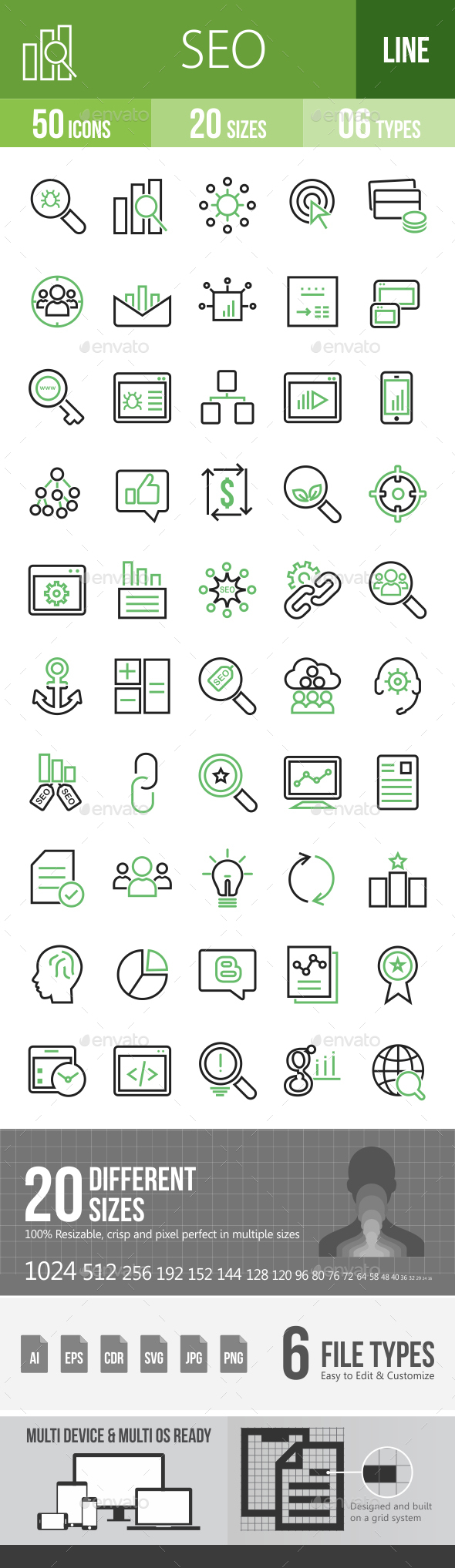 50 SEO Green & Black Line Icons - Icons