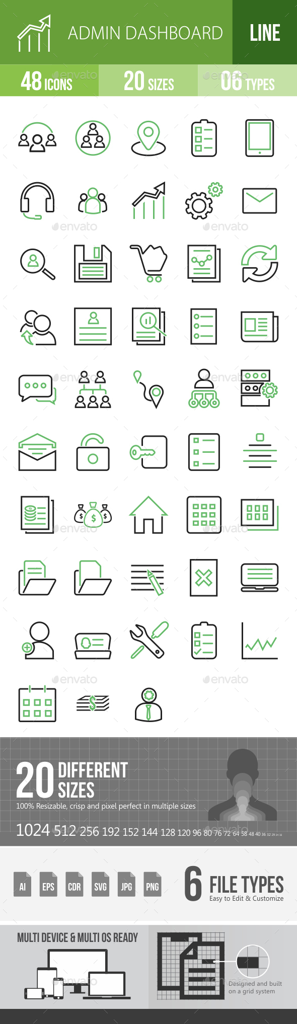 48 Admin Dashboard Green & Black Line Icons - Icons