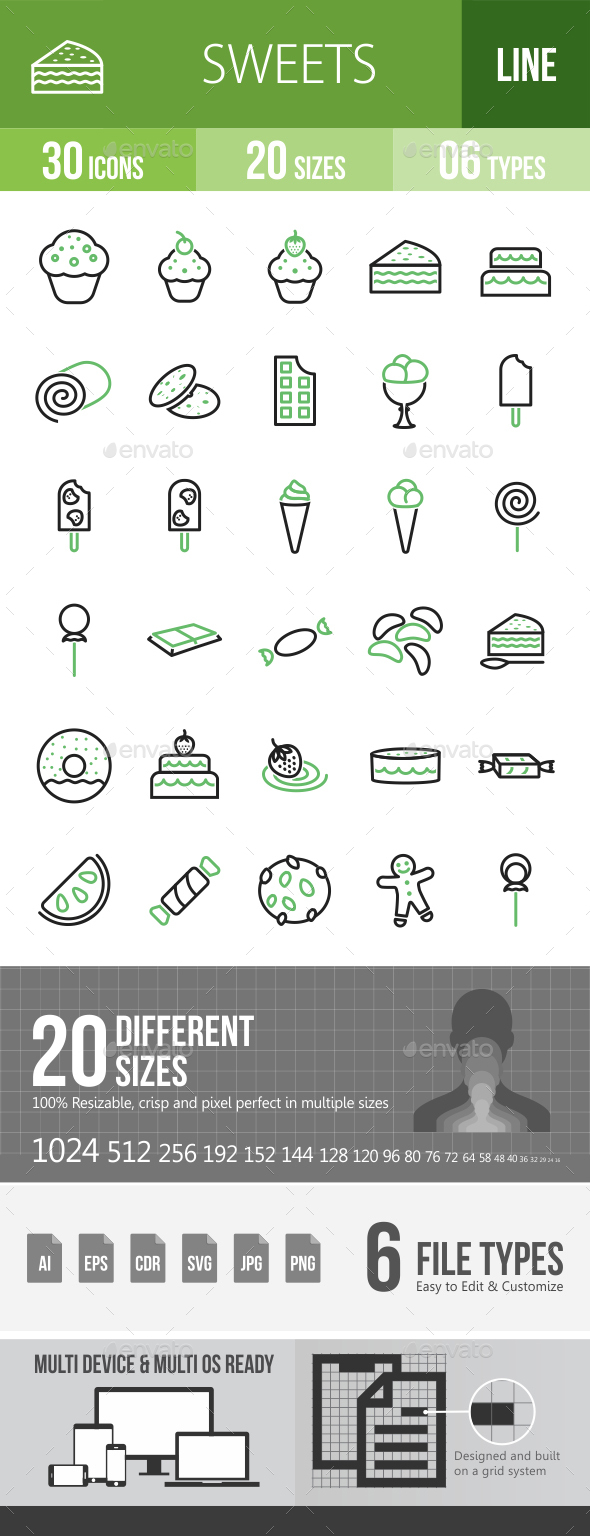 30 Sweets & Confectionery Green & Black Line Icons - Icons