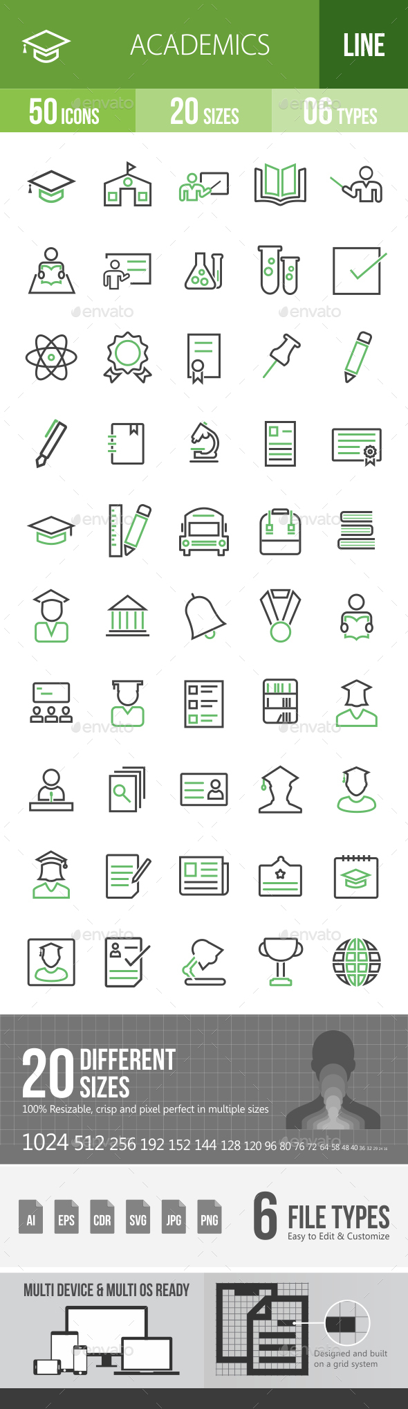 50 Academics Green & Balck Line Icons - Icons