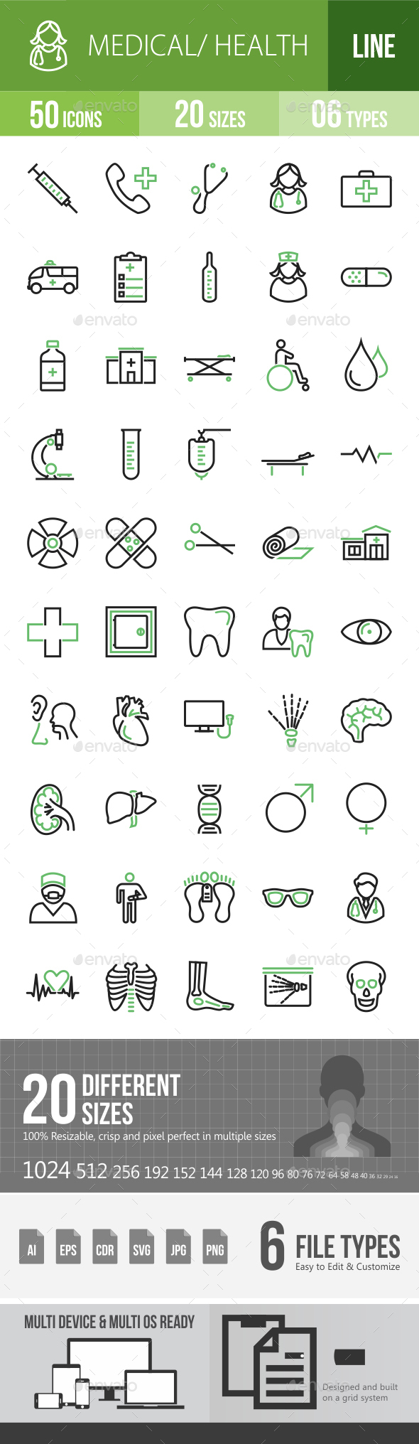 50 Medical Green & Black Line Icons - Icons