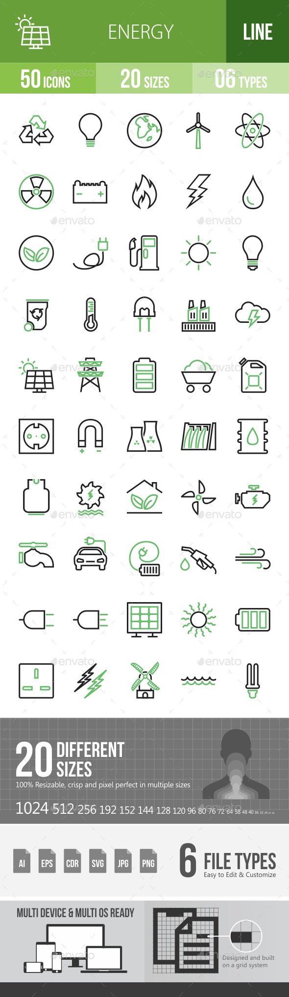 50 Energy Green & Black Line Icons - Icons