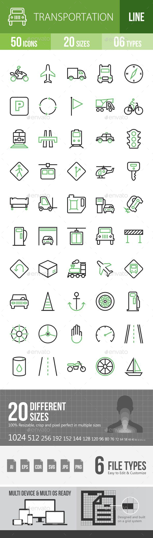 50 Transportation Green and Black Line Icons - Icons