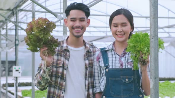 handheld asian couple farmer takecare and discuss how to growth plant in farm alt
