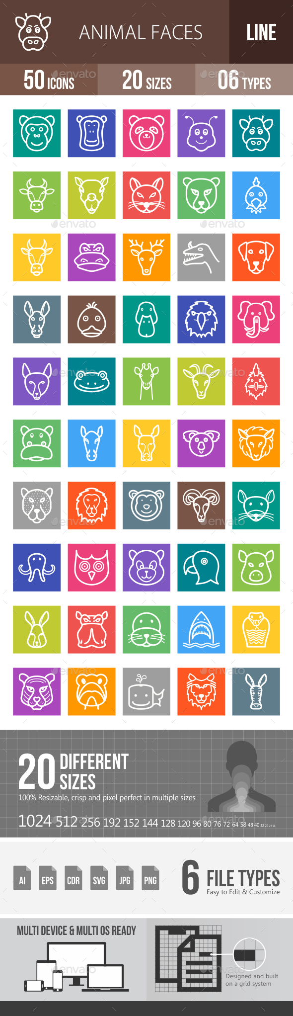 Animal Faces Line Multicolor Icons - Icons