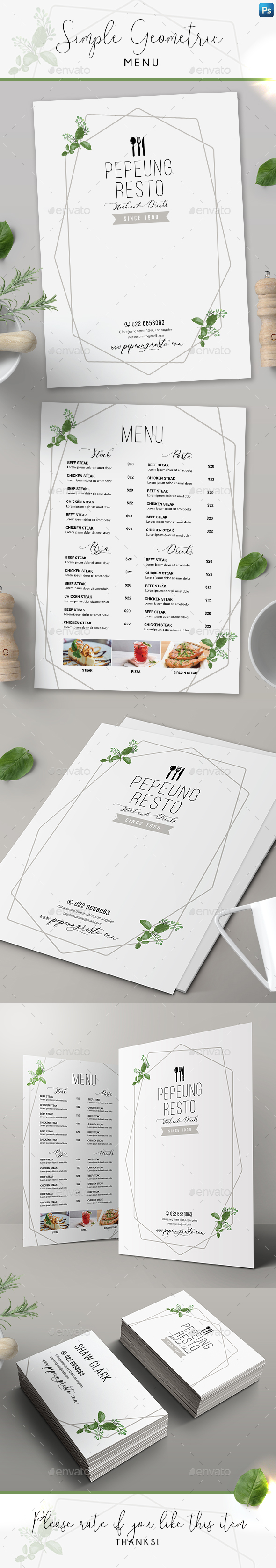 Simple Geometric Menu + Business Card - Food Menus Print Templates