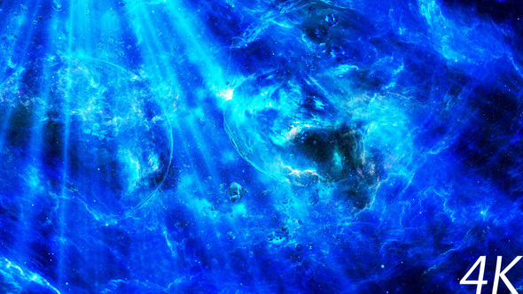 Abstract Space Nebula Background with Rotating Planets and Light Rays