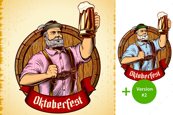 Vector Bavarian Oktoberfest Man Beer Glass Barrel Foam Lager Engraving - People Characters
