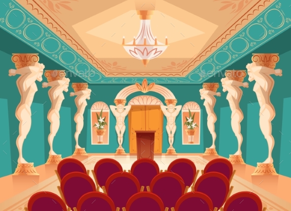 Vector Audience Hall with Atlas Columns, Armchairs - Buildings Objects