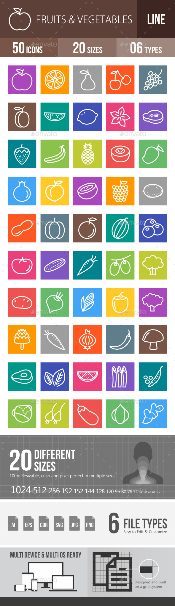 Fruits & Vegetables Line Multicolor Icons - Icons