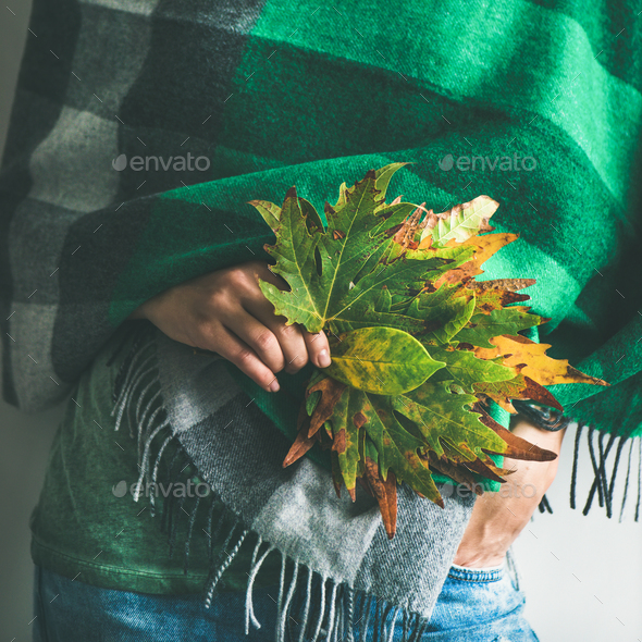 Woman in warm scarf or blanket with leaves, square crop - Stock Photo - Images