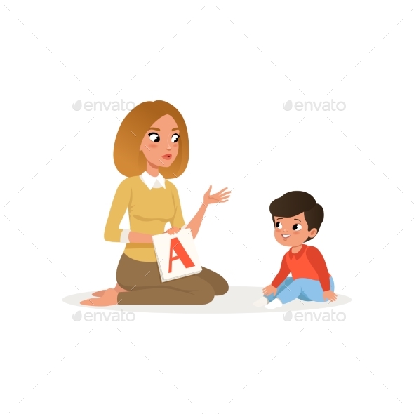 Teacher Showing Flash Card with Letter A - Miscellaneous Vectors