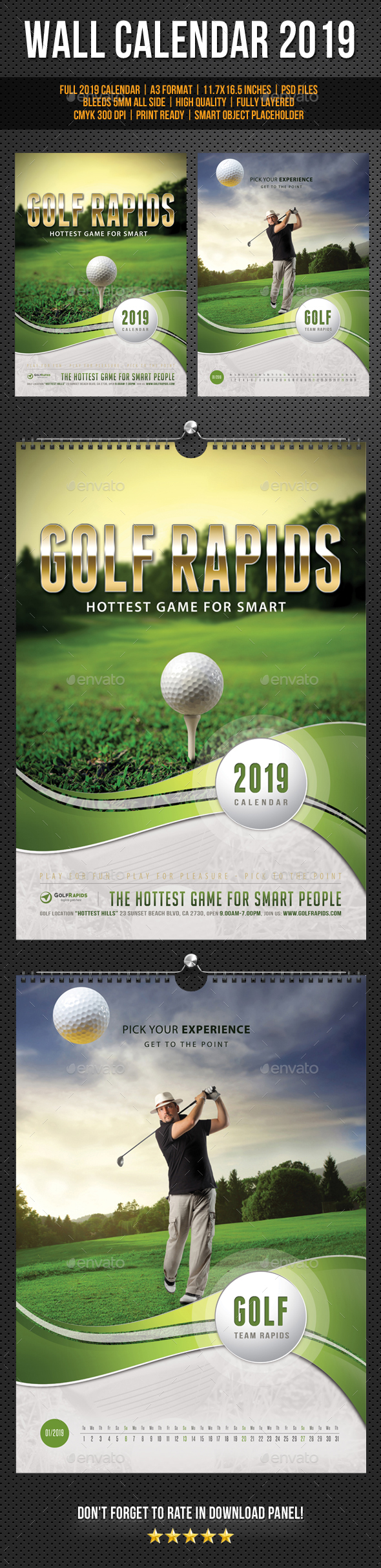 Golf Play Wall Calendar A3 2019 - Calendars Stationery