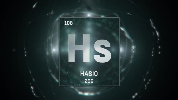 Hassium as Element 108 of the Periodic Table on Grey Background in Spanish Language