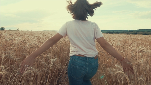 Little Girl Running Cross the Wheat Field at Sunset