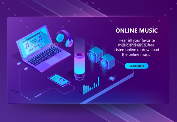Online Music Vector Isometric Concept Background - Media Technology